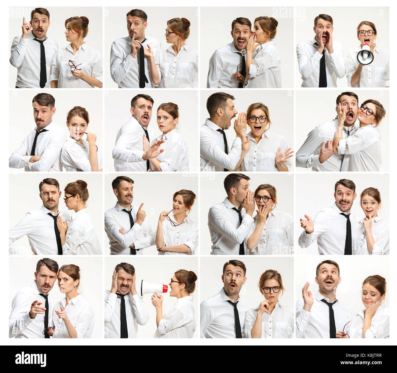 Die Collage aus Bildern von jungen Mann und Frau auf rosa Hintergrund Stockfoto