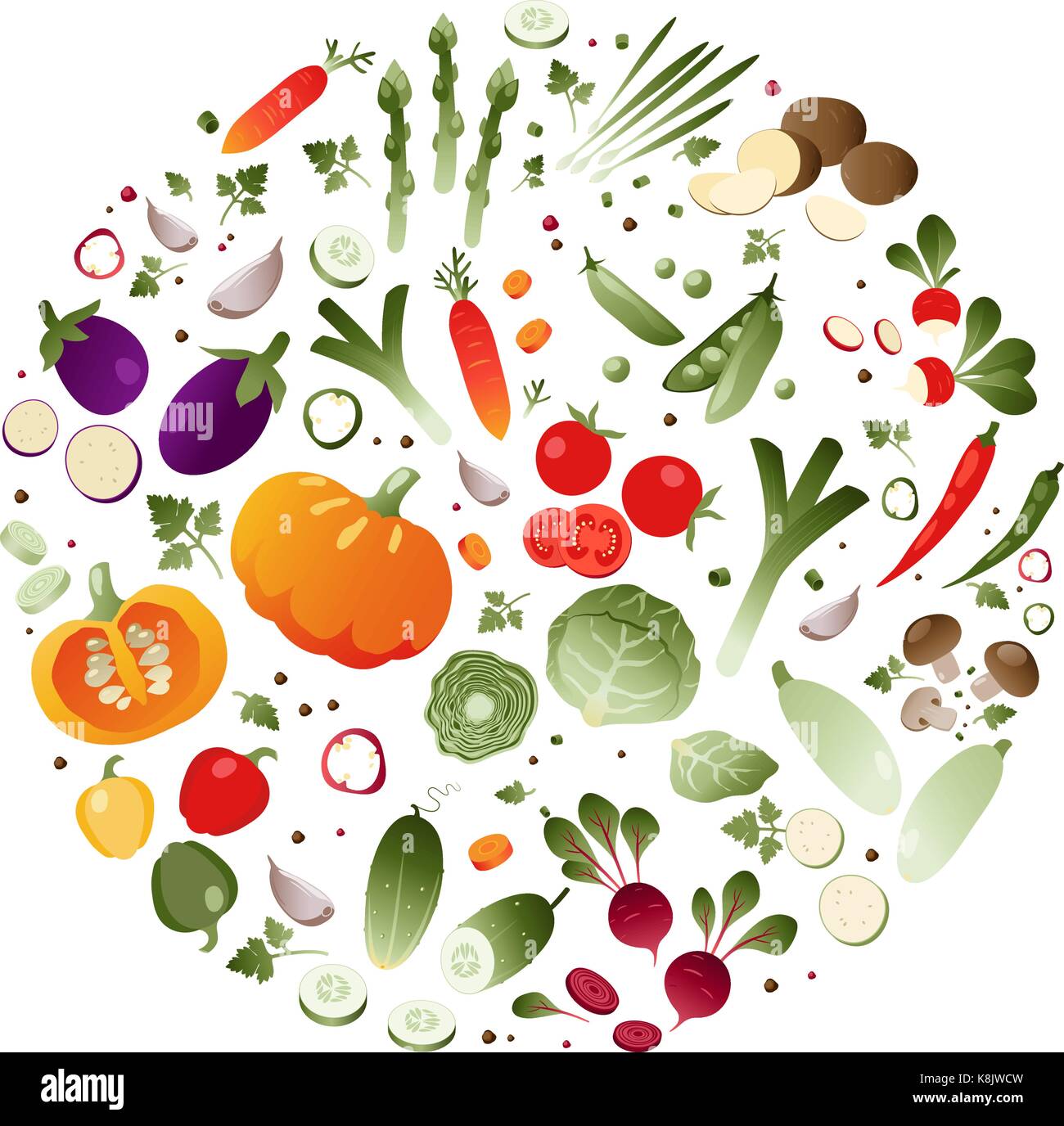 Gemüse in der Form der Kreis auf weißem Hintergrund Stock Vektor
