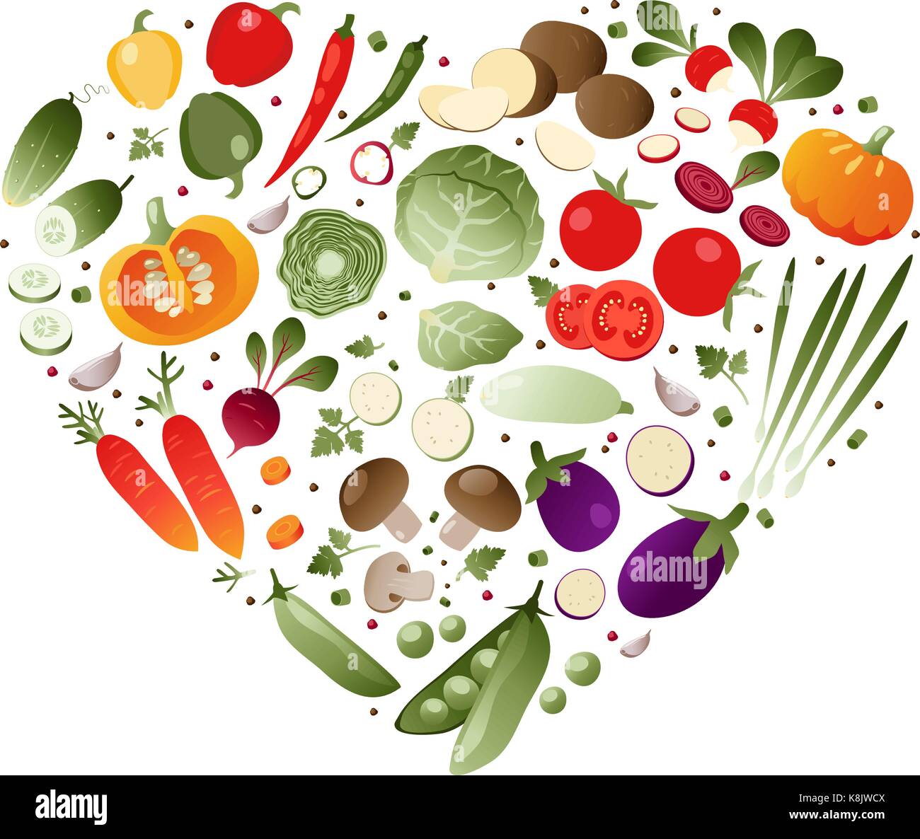 Gemüse in der Form von Herzen auf weißem Hintergrund Stock Vektor