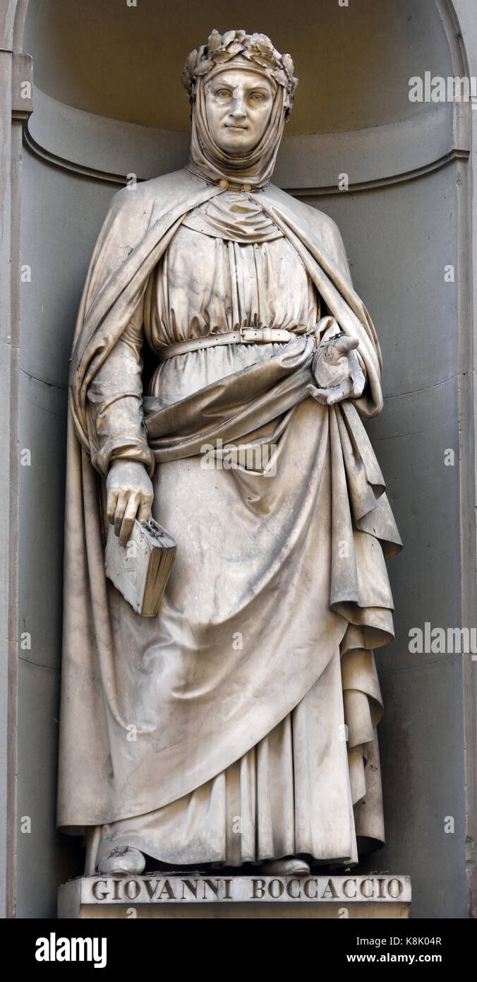 Giovanni Boccaccio 1313 - 1375 Italienisch, Schriftsteller, Dichter, Korrespondent von Petrarca', und eine wichtige Renaissance Humanist. Boccaccio schrieb das Decameron und über berühmte Frauen. Statue in den Uffizien in Florenz, Toskana, Italien. von Odoardo Fantacchiotti Stockfoto