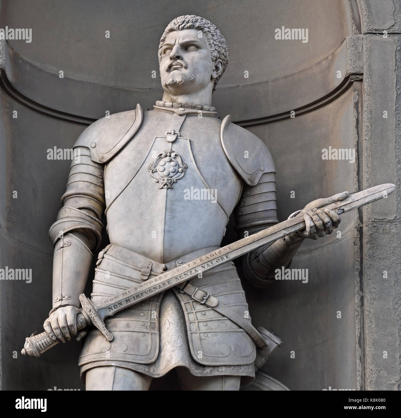 Lodovico de' Medici, Giovanni Dalle Bande Nere, 1498 - 1526, war ein italienischer condottiero. Statue von in den Uffizien in Florenz, Toskana, Italien. von Temistocle Guerrazzi Stockfoto