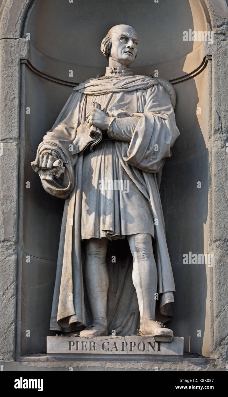 Piero Capponi - Pier Capponi. (1447 - 1496) war ein italienischer Staatsmann und Krieger aus Florenz. Statue in den Uffizien in Florenz, Toskana, Italien. von Mondello Bacci Stockfoto