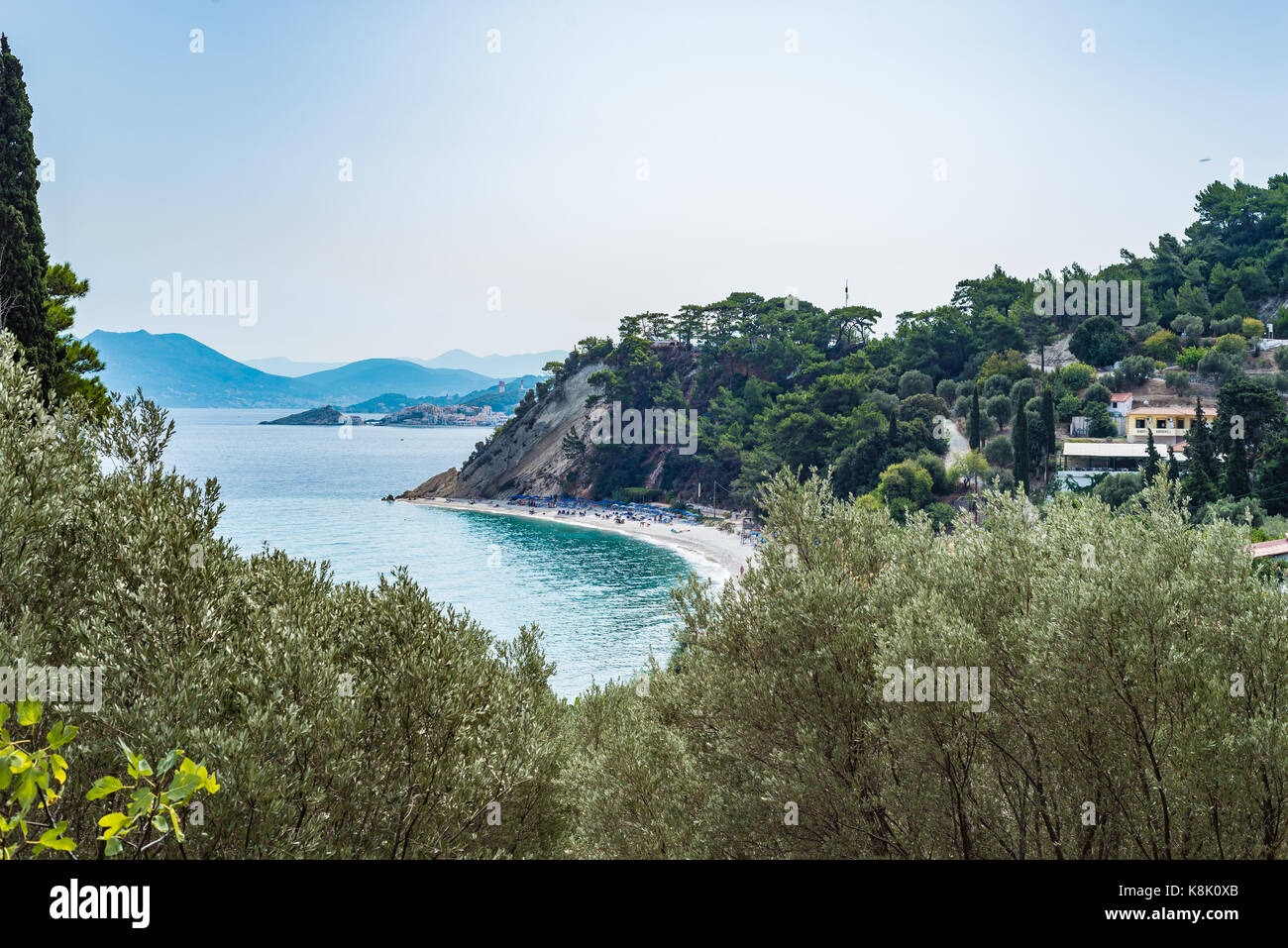 Blick auf Tsamadu Beach, Samos, Griechenland Stockfoto