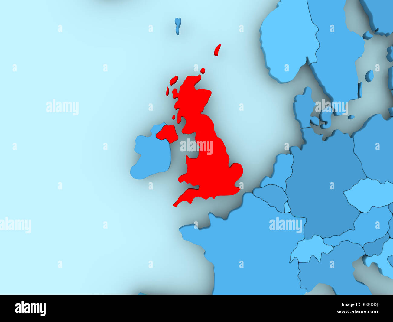 Vereinigtes Königreich in Rot auf Blau politische Karte. 3D-Darstellung. Stockfoto