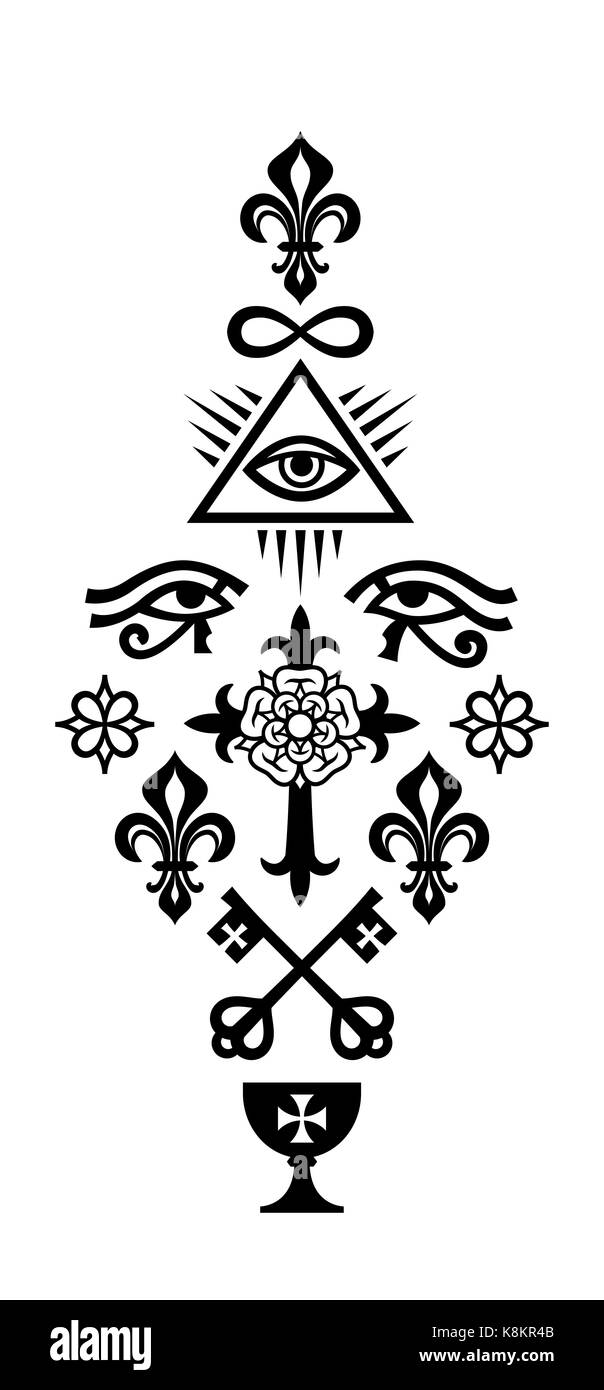 CHRISTIAN SPALTE (Symbole des Glaubens). Die heraldische Kreuz, mit Rose und königlichen Lilien. Das mystische Zeichen und religiöse Symbole. Stockfoto