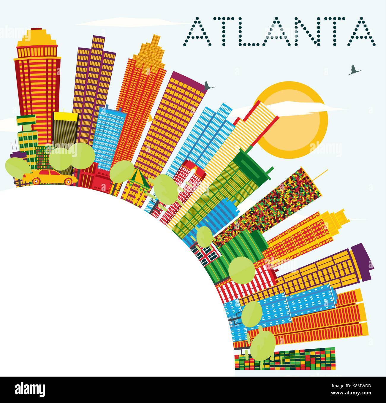Atlanta Skyline mit Farbe Gebäude, blauer Himmel und Kopieren. Vector Illustration. Business Travel und Tourismus Konzept mit moderner Architektur. Stock Vektor