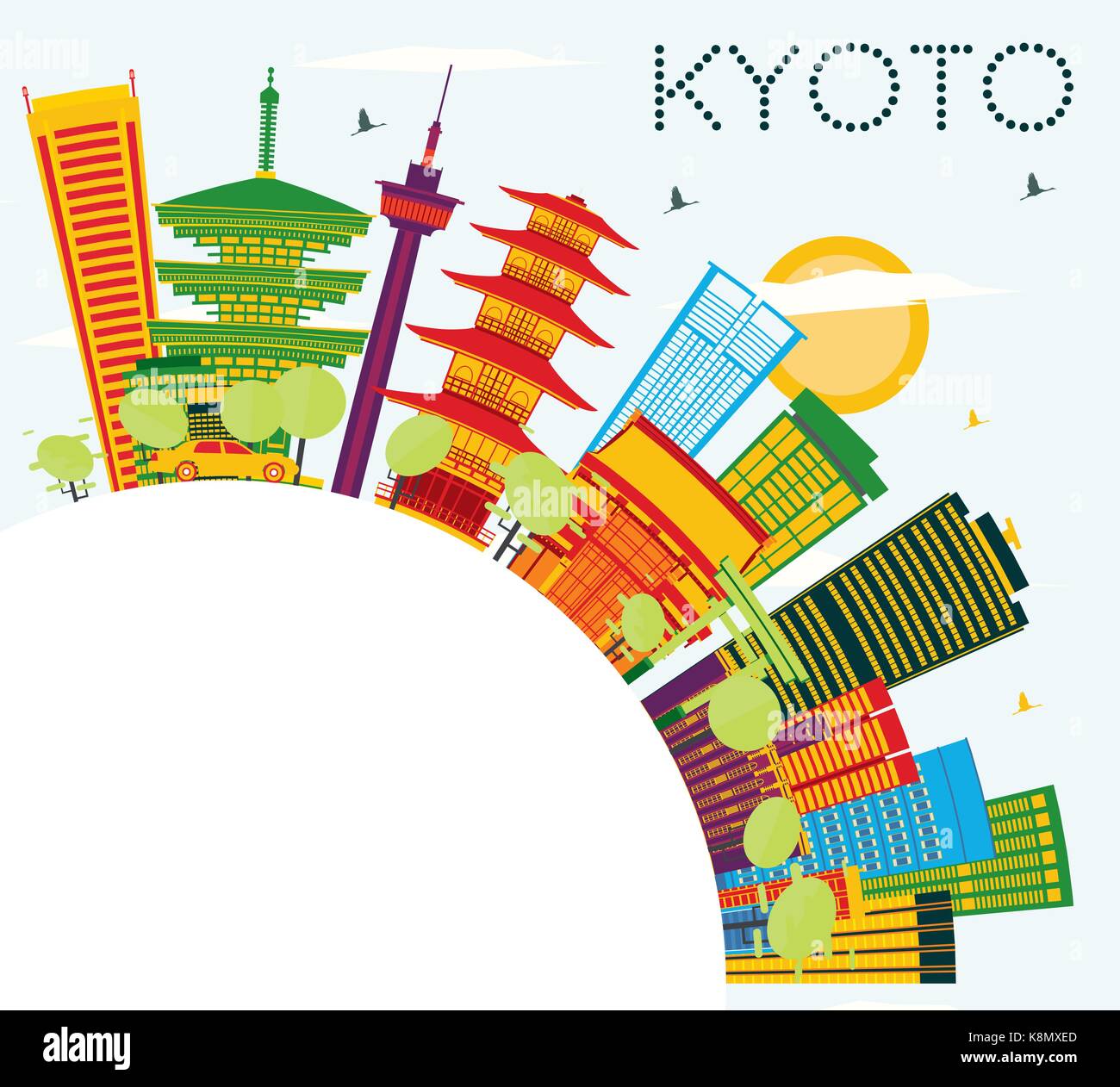 Kyoto Skyline mit Farbe Gebäude, blauer Himmel und Kopieren. Vector Illustration. Business Travel und Tourismus Konzept mit historischer Architektur. Stock Vektor