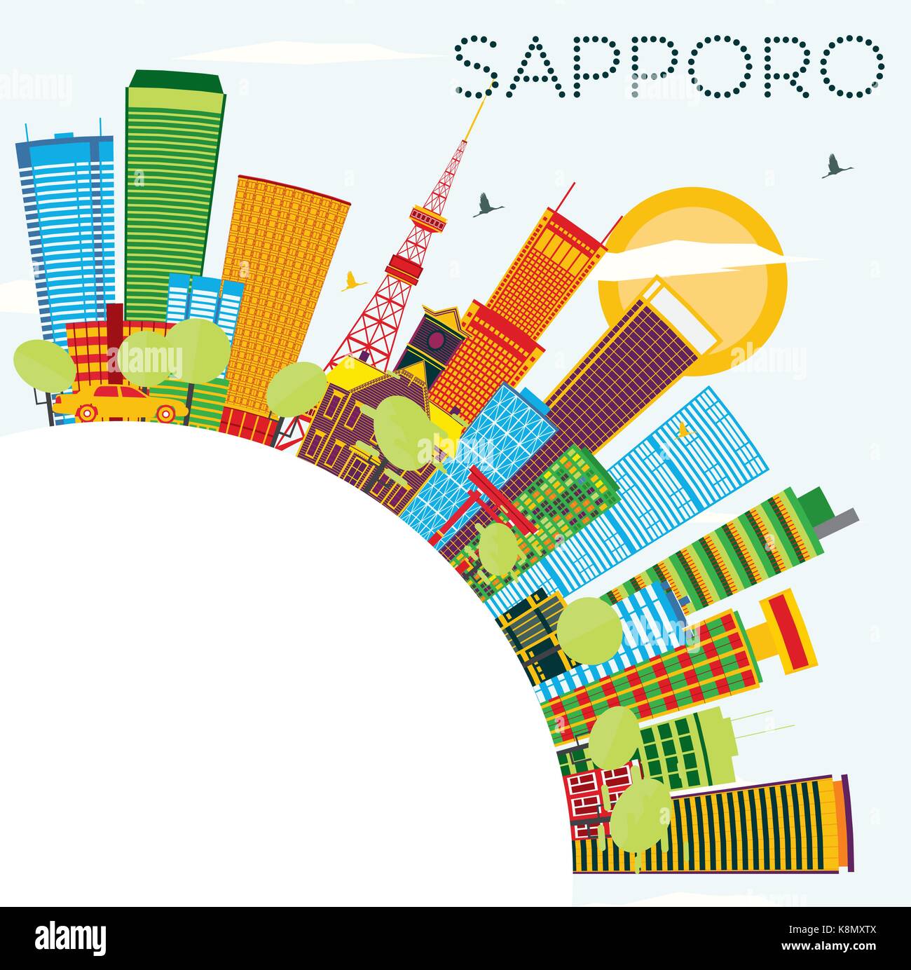 Sapporo Skyline mit Farbe Gebäude, blauer Himmel und Kopieren. Vector Illustration. Business Travel und Tourismus Konzept mit moderner Architektur. Stock Vektor