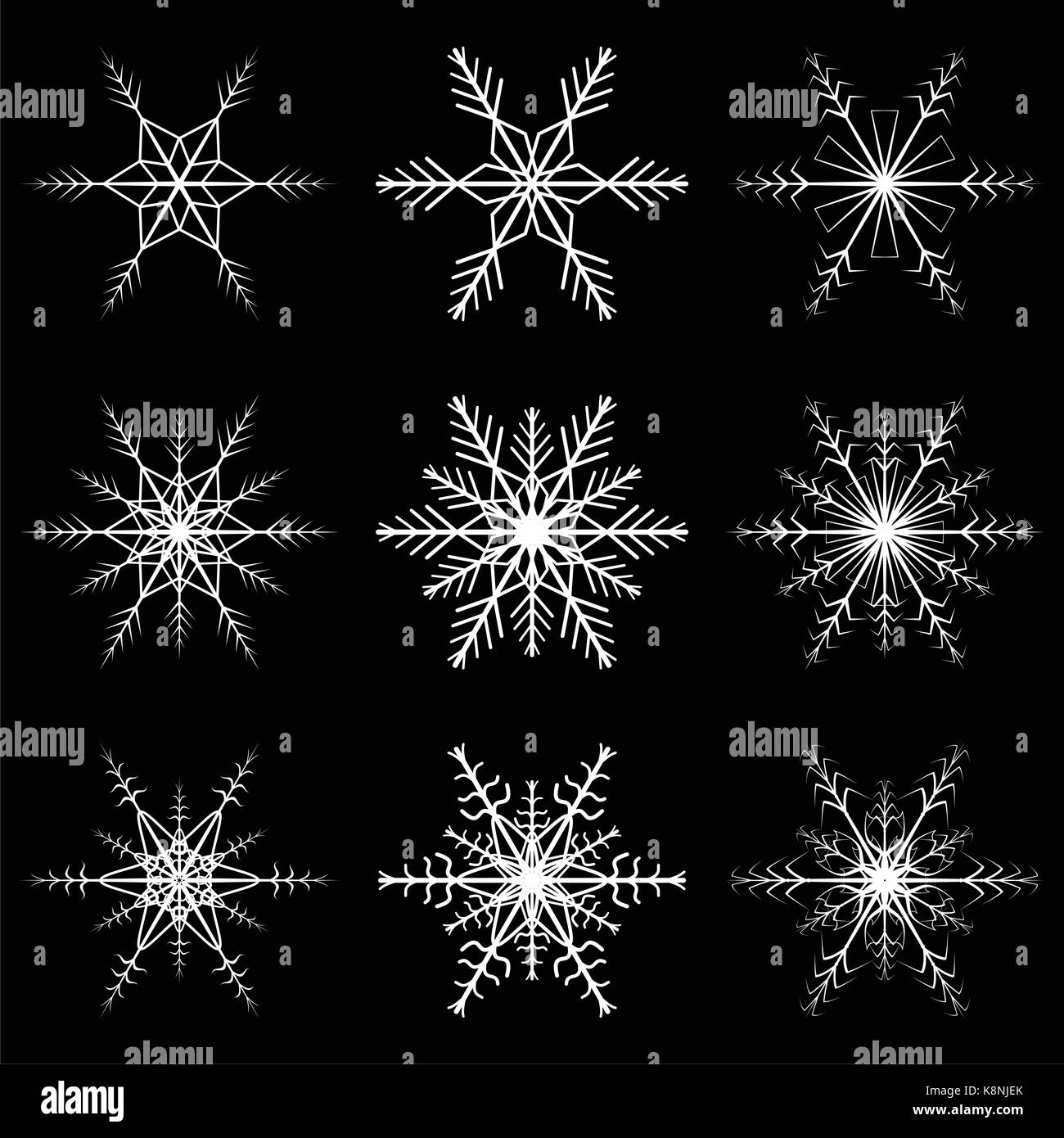Schneeflocke vektor Symbol Silhouette Design. Weihnachten Winter Symbol Abbildung auf dem schwarzen Hintergrund isoliert. Stock Vektor