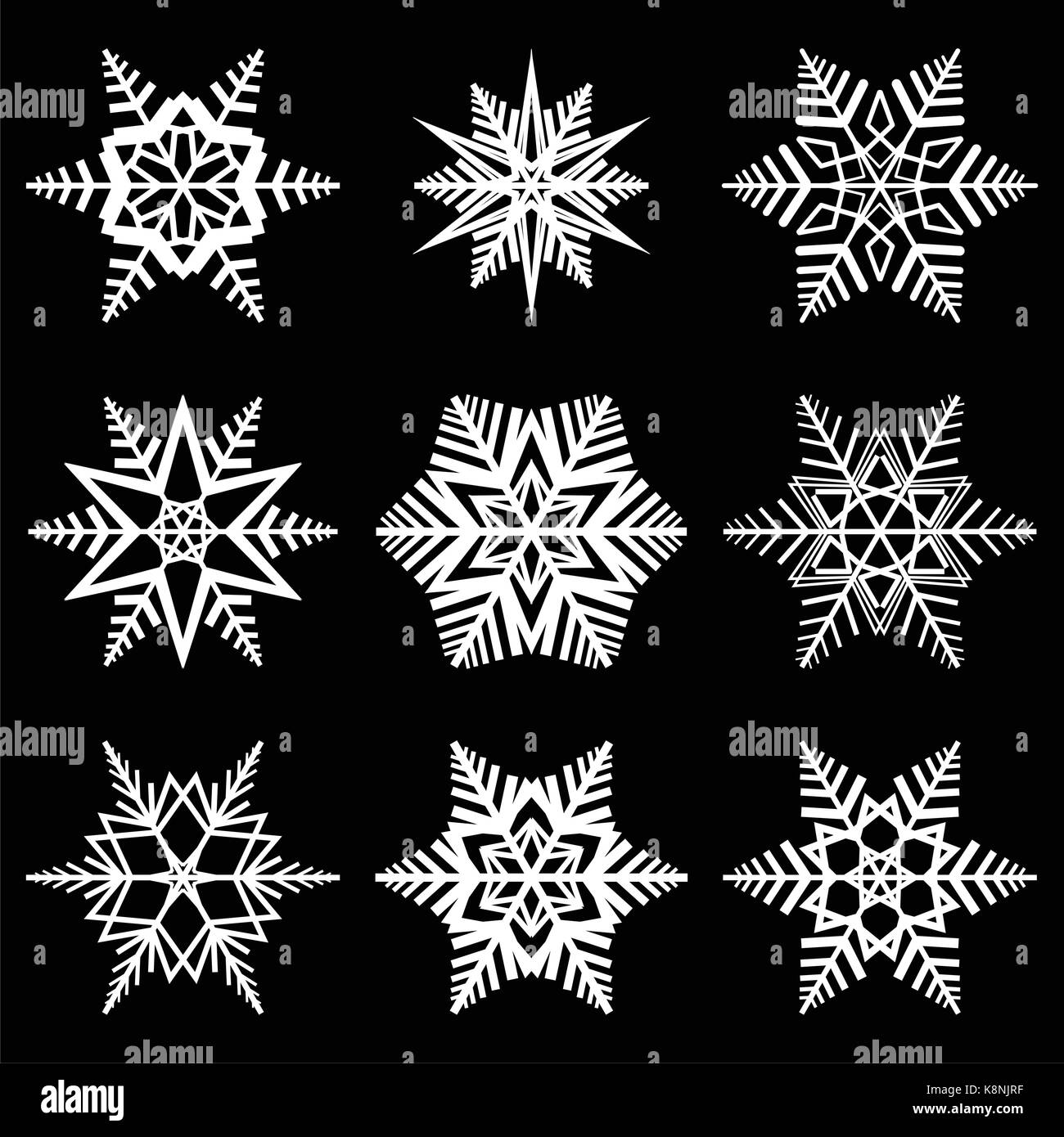 Schneeflocke vektor Symbol Silhouette Design. Weihnachten Winter Symbol Abbildung auf dem schwarzen Hintergrund isoliert. Stock Vektor