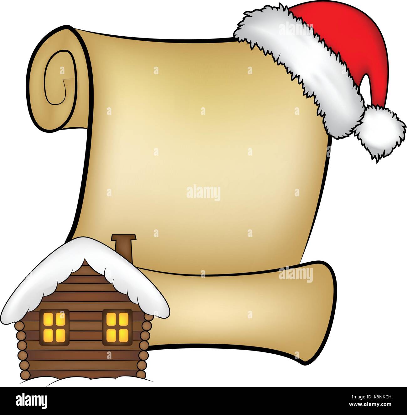 Weihnachten Papier blättern Karte mit Santa Mütze und verschneiten Haus. Vector Illustration auf weißem Hintergrund. Stock Vektor