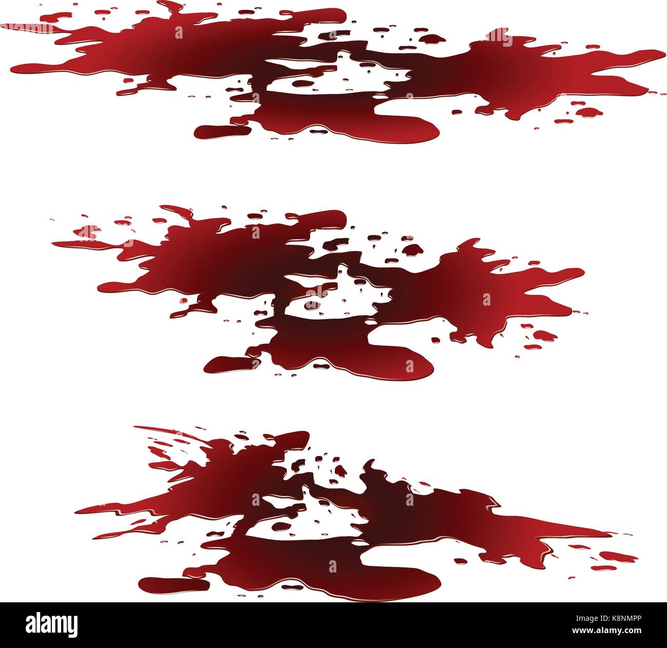 Blut Pfütze, rote Tropfen, blots, Beize, Plash od Blut. Vector Illustration auf weißem Hintergrund. Stock Vektor