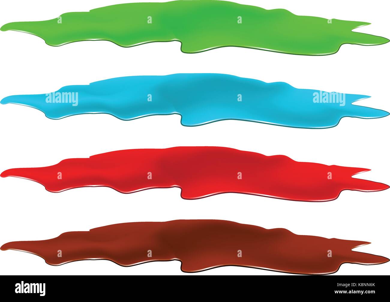 Pfütze von Farbe verschütten. Blut, giftig, Wasser und Schokolade Fleck, Plash, drop. Vector Illustration isoliert auf dem weißen Hintergrund Stock Vektor