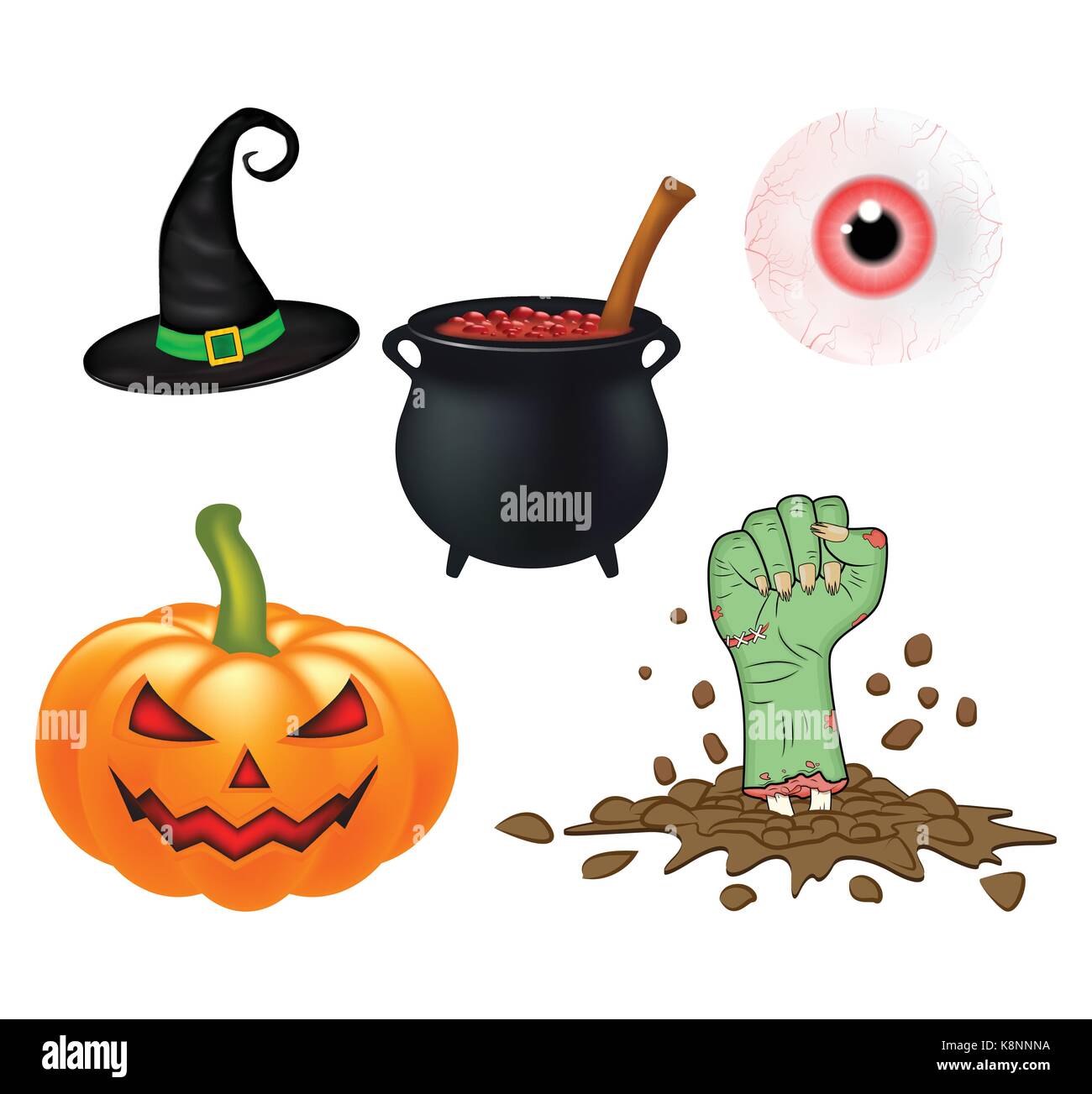 Halloween cartoon Vektor einrichten, Symbole Sammlung. Eingestellt von Vektorobjekten, Kürbisse, Hexenhut Kessel und mehr. Vektor Einrichten von Cute Halloween Elemente Stock Vektor