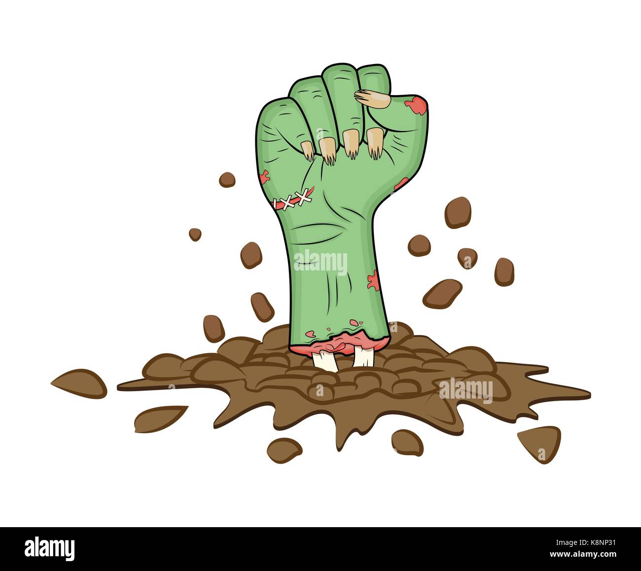 Zombie Hand, Faust Geste aus dem Boden halloween Vektor-realistische Cartoon isoliert Abbildung. Bild von scary Monster Faust Geste mit Knochen, Stock Vektor