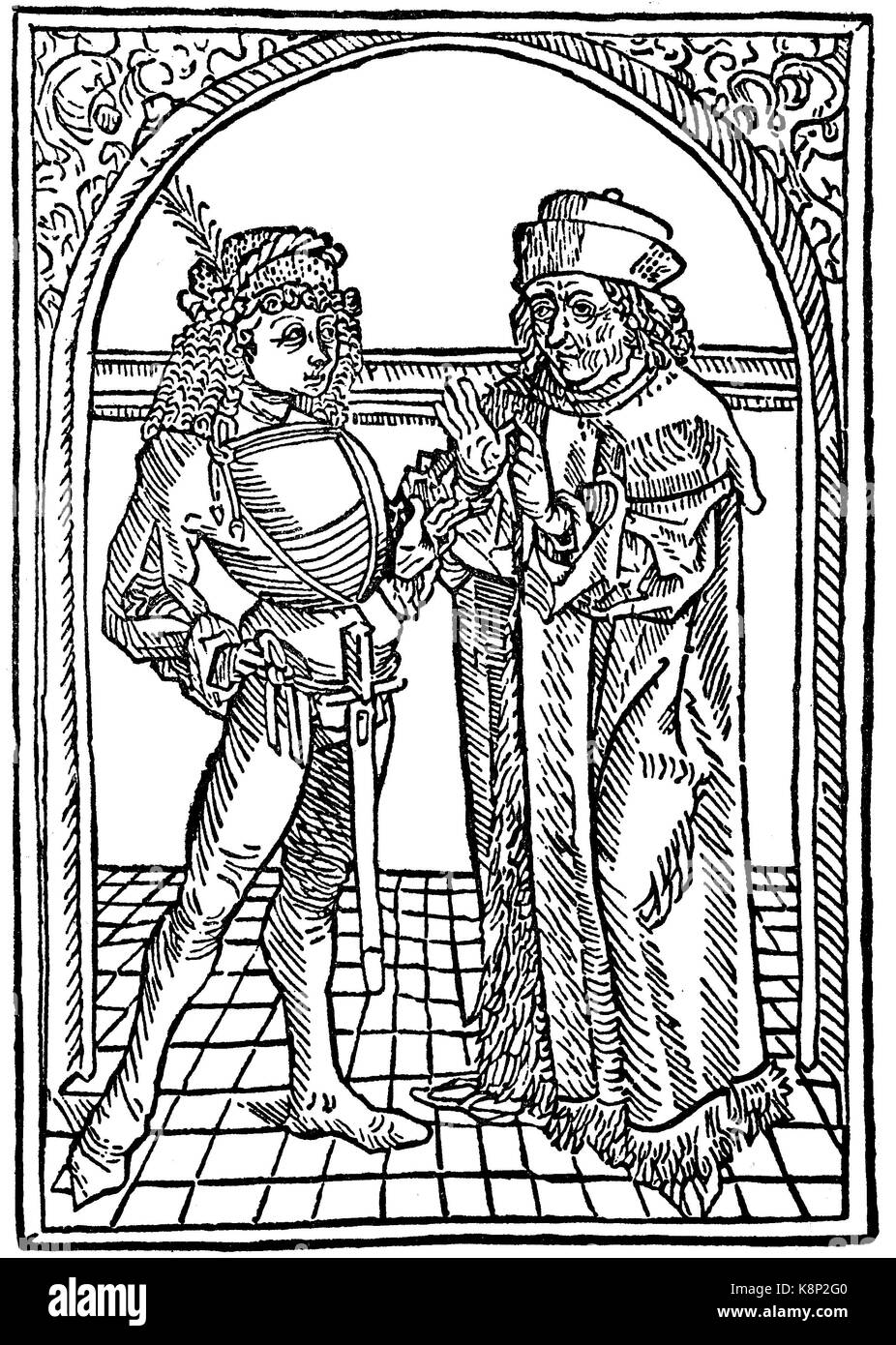 Lehrer und Schüler, Lehrer und Schüler, Holzschnitt aus Robertus de Euromodio, Cato moralissimus, 1497, digital verbesserte Reproduktion eines Holzschnitt, im 19. Jahrhundert veröffentlicht. Stockfoto