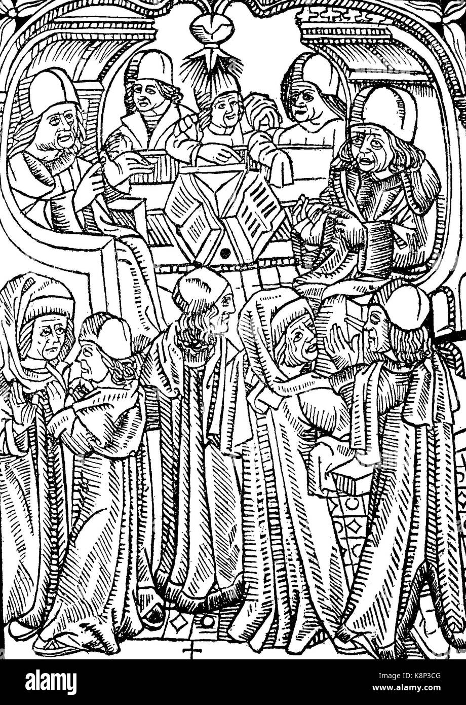 Disputierende diskutieren Wissenschaftler, Gelehrte, Holzschnitt aus Steyler de Villa Nova, 1507, digital verbesserte Reproduktion eines Holzschnitt, im 19. Jahrhundert veröffentlicht. Stockfoto
