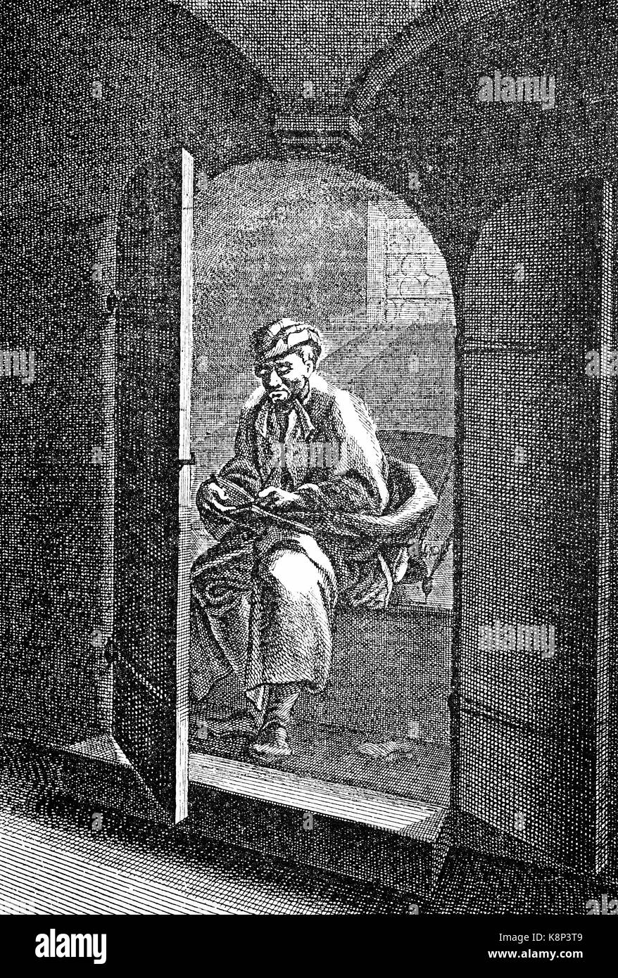 Student auf der Toilette sitzen, der Student mit dem Loco secreto, Toilette, 1750 digital verbesserte Reproduktion eines Holzschnitt, im 19. Jahrhundert veröffentlicht. Stockfoto
