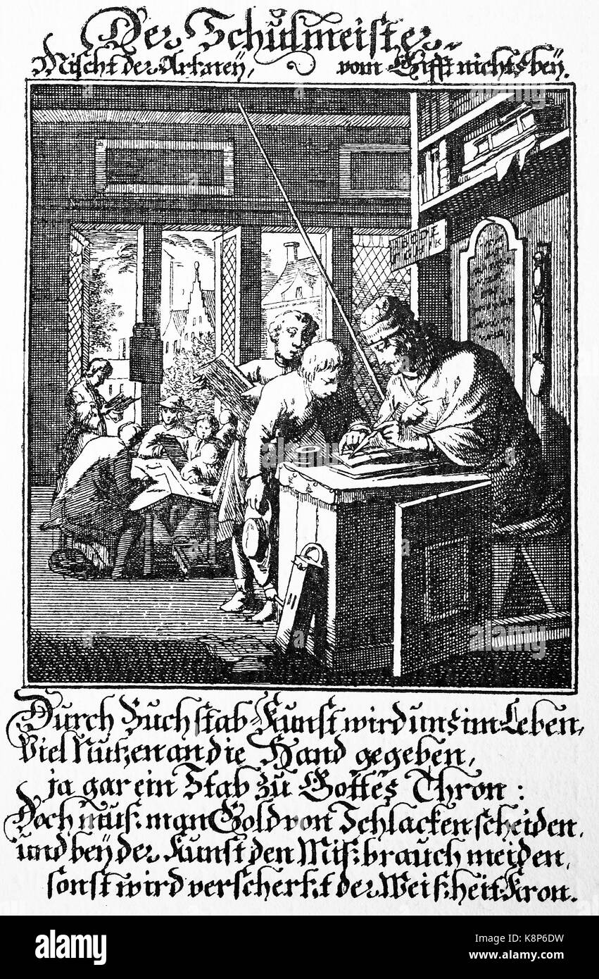Schulmeister und Student, Schulmeister und Schüler, 1698, digital verbesserte Reproduktion eines Holzschnitt, im 19. Jahrhundert veröffentlicht. Stockfoto