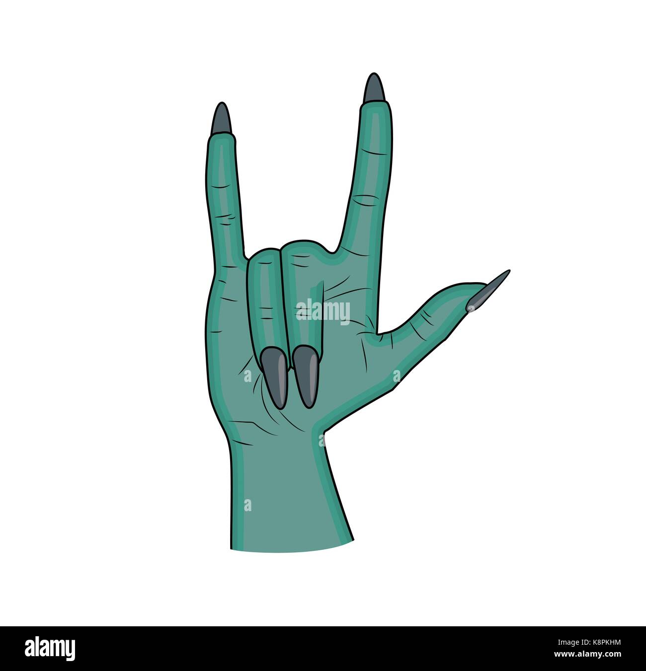 Zombie Hand Hörner, satan Zeichen Finger oben-Geste halloween Vektor. realistische Cartoon Illustration auf weißem Hintergrund. Bild von scary Monster Stock Vektor