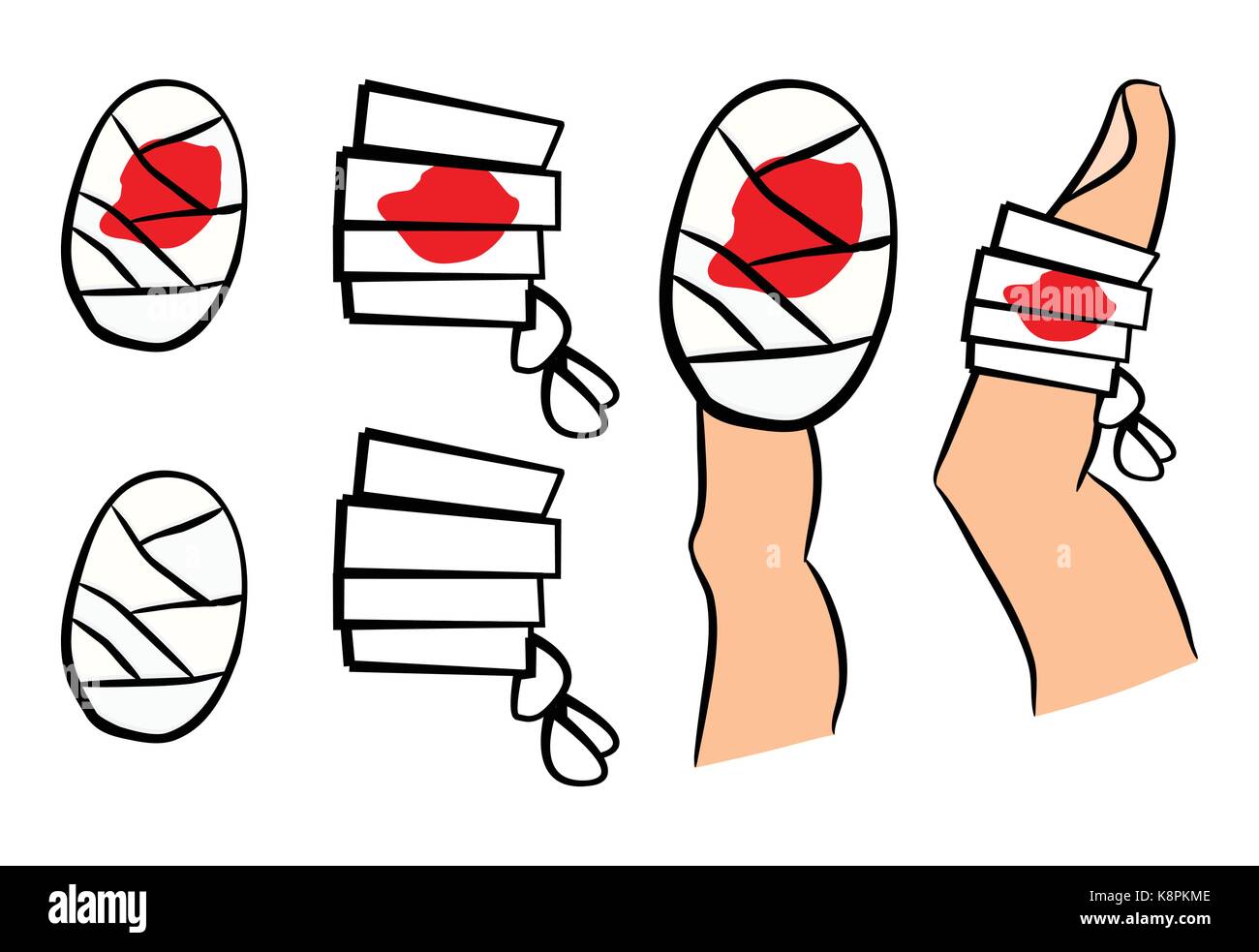 Der Verband mit roten Blut Pfütze. Medizinische Geräte in verschiedenen Formen und auf den Finger. Vector Illustration auf weißem Hintergrund. Stock Vektor