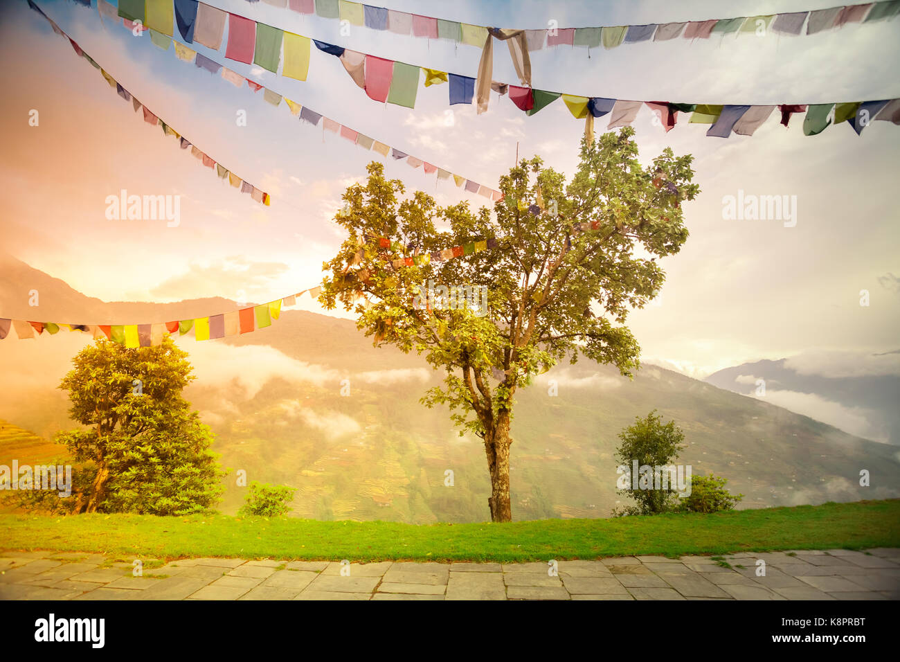 Buddhistische Tibetische Gebetsfahnen gegen bewölkter Himmel Stockfoto