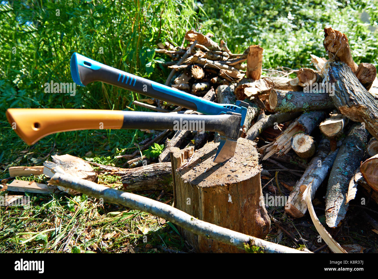 Zwei Achsen und Brennholz in der Natur Landschaft Stockfoto