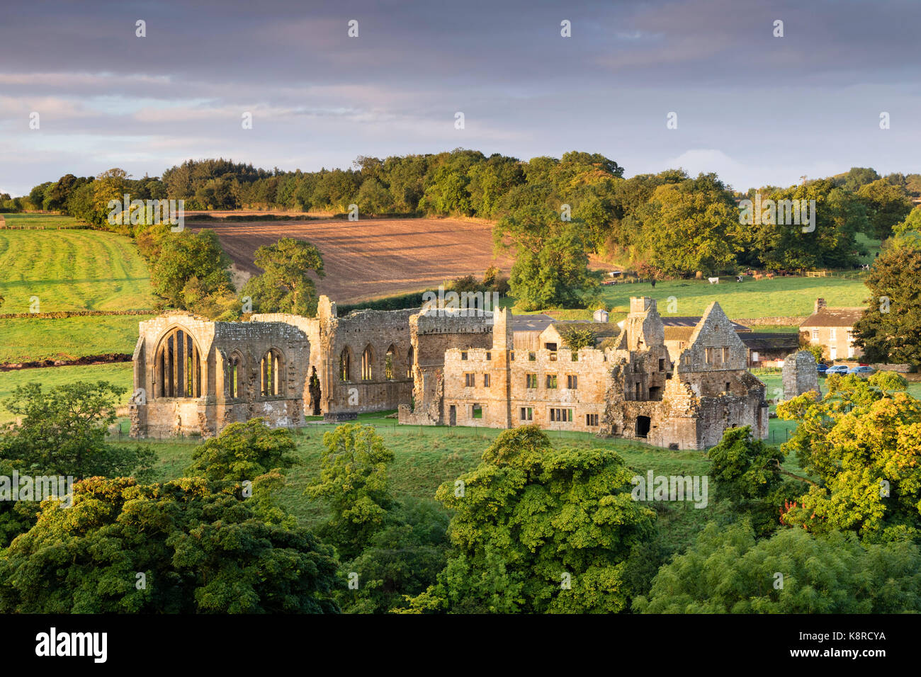 Am frühen Morgen Licht Ausleuchten der Ruinen von Egglestone Abtei in der Nähe von Barnard Castle, County Durham, im frühen Herbst UK Stockfoto