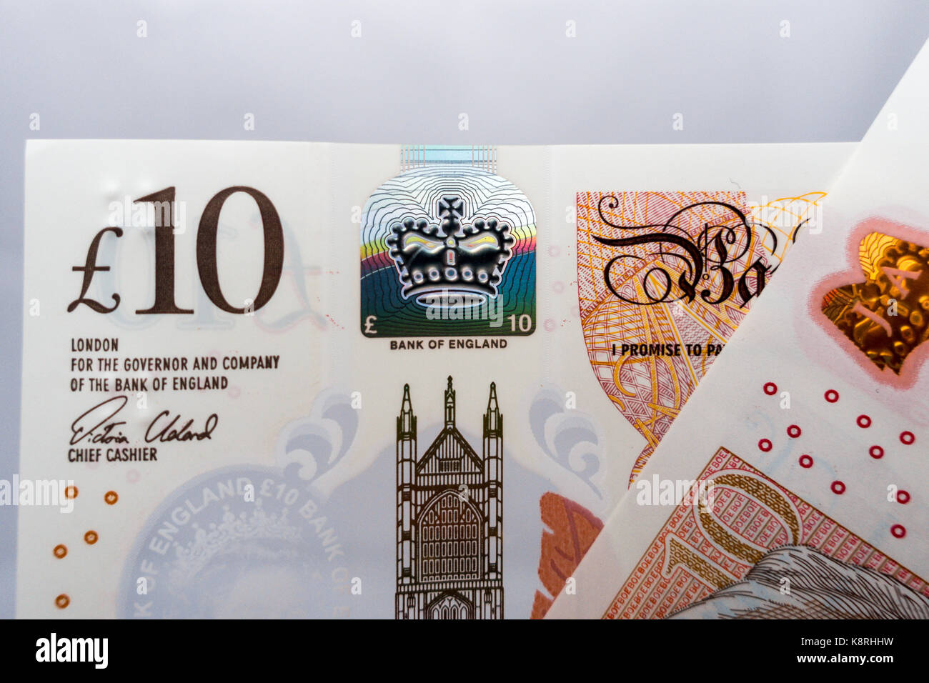 Die neuen 10 Pfund Hinweis eine moderne Polymer Banknote, die Abnahme wird Auswirkungen auf die Umwelt und weniger Kosten zu ersetzen, 14. September 2017 eingeführt. Stockfoto