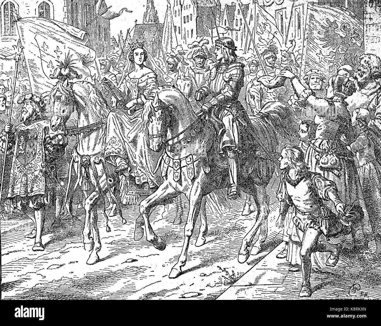 Maria, Marie, 1457-1482, Herzogin von Burgund und Maximilian I., Kaiser des Heiligen Römischen Reiches in Gent, Belgien, Erzherzog Max und Maria von Burgund in Gent, Belgien, digital verbesserte Reproduktion eines Holzschnitt, im 19. Jahrhundert veröffentlicht. Stockfoto Maria, Marie, 1457-1482, Herzogin von Burgund und Maximilian I., Kaiser des Heiligen Römischen Reiches in Gent, Belgien, Erzherzog Max und Maria von Burgund in Gent, Belgien, digital verbesserte Reproduktion eines Holzschnitt, im 19. Jahrhundert veröffentlicht. Stockfoto