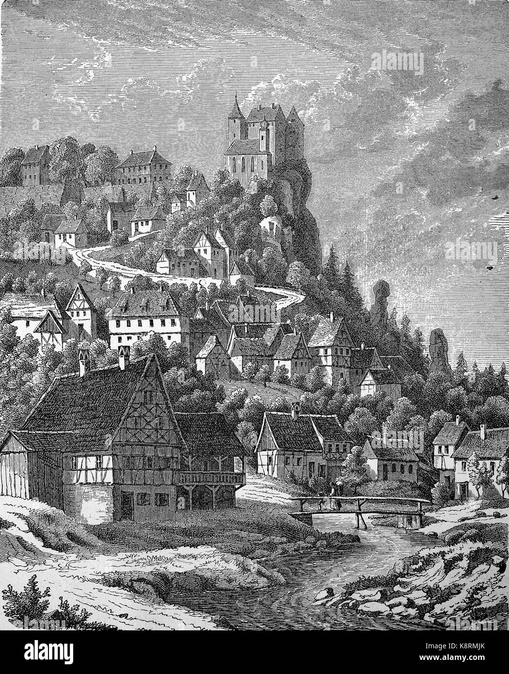 Schloss und Dorf von Egloffstein, eine Gemeinde im Landkreis Forchheim in Bayern, Deutschland, digital verbesserte Reproduktion eines Holzschnitt, im 19. Jahrhundert veröffentlicht. Stockfoto
