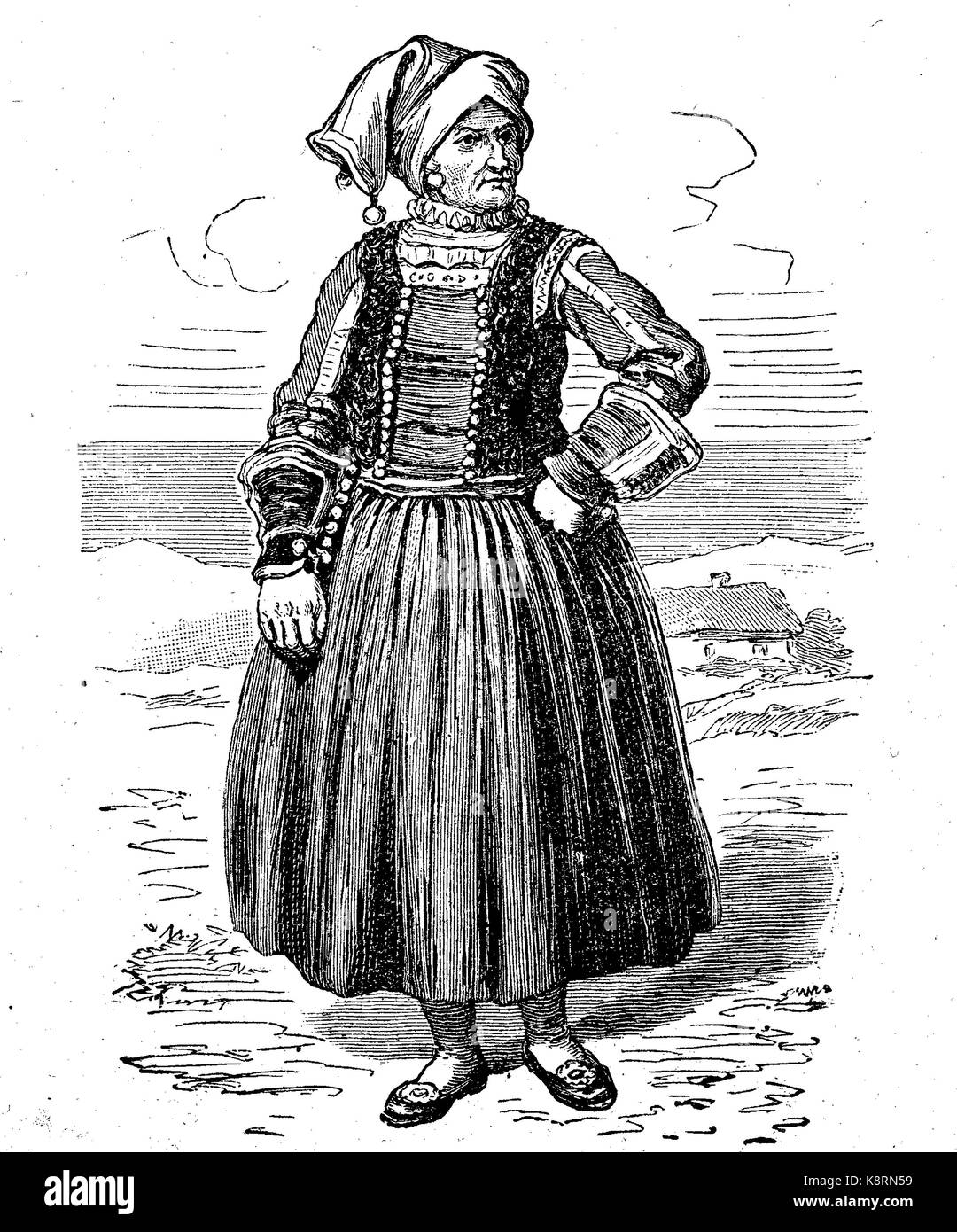 Eine Frau aus Ostenfeld in Deutschland, Schleswig, in der sonntäglichen Kostüm, digital verbesserte Reproduktion eines Holzschnitt, im 19. Jahrhundert veröffentlicht. Stockfoto