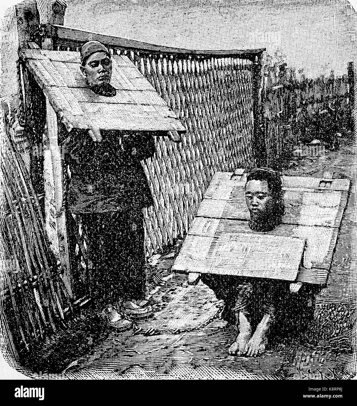 Bestrafung von Straftätern in China durch eine throatboard, Bestrafung von Verbrechern in China durch Halsbrett, digital verbesserte Reproduktion eines Holzschnitt, im 19. Jahrhundert veröffentlicht. Stockfoto