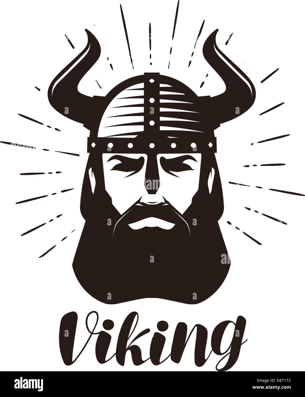 Viking Logo oder Label. Portrait von bärtigen Mann in Helm mit Hörnern. Vector Illustration Stock Vektor
