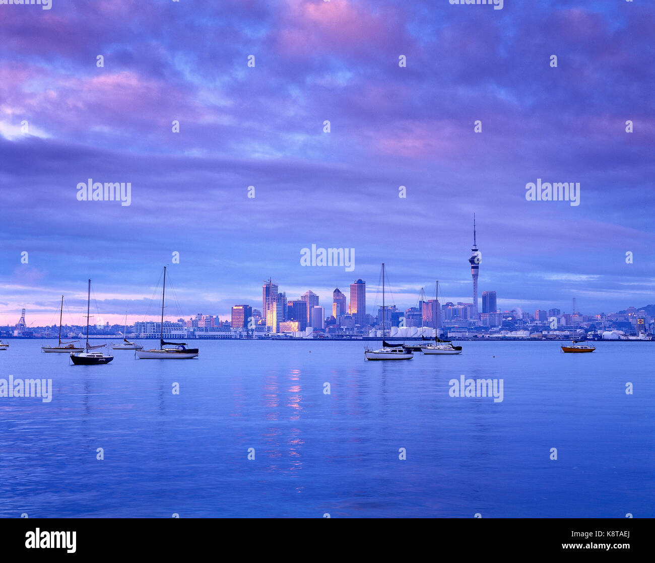 Neuseeland. Auckland. Die Skyline der Stadt von über das Wasser in der Morgendämmerung. Stockfoto