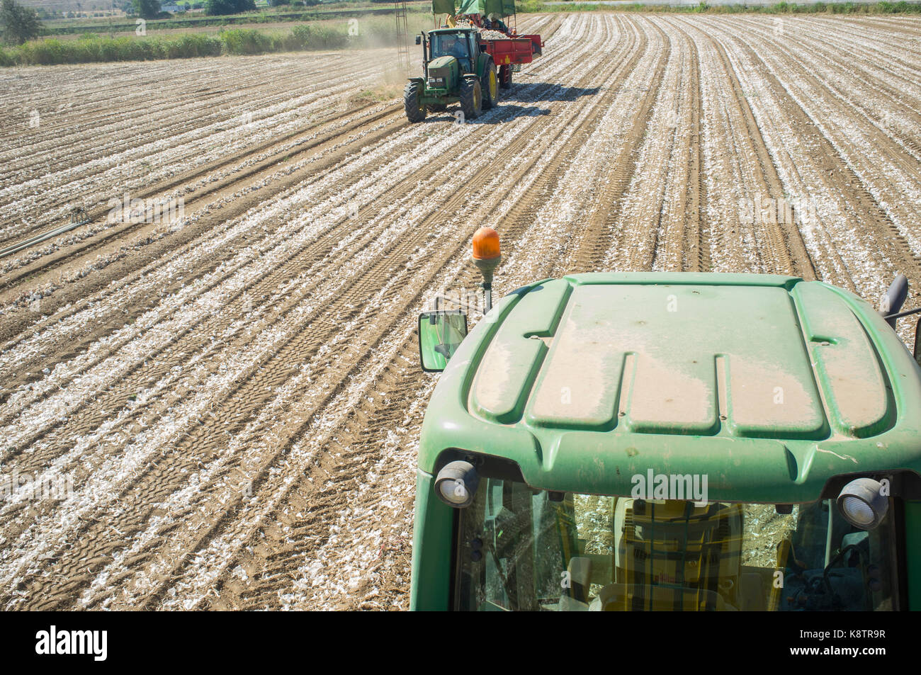 Badajoz, Spanien - 12. August 2017: Tractor Pulling eine Zwiebel Harvester. Badajoz, Ciudad Real, Spanien Stockfoto