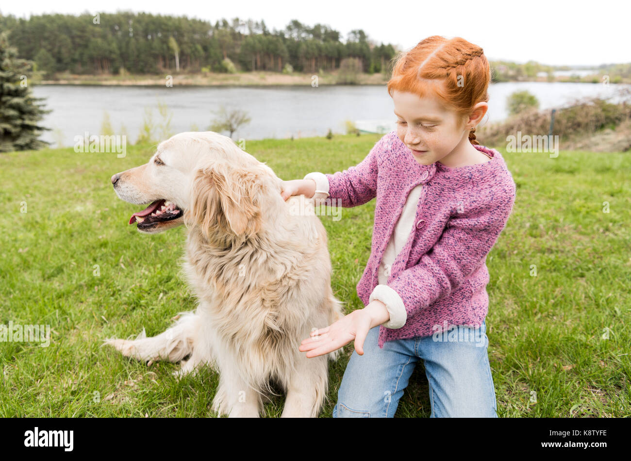 Kind spielt mit Hund Stockfoto
