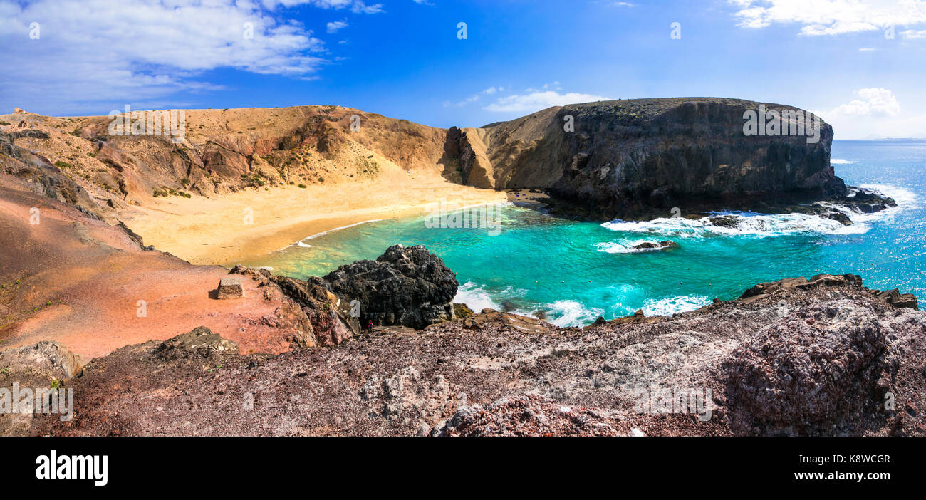 Schöne Papagayo Beach, Insel Lanzarote, Panoramaaussicht, Spanien. Stockfoto