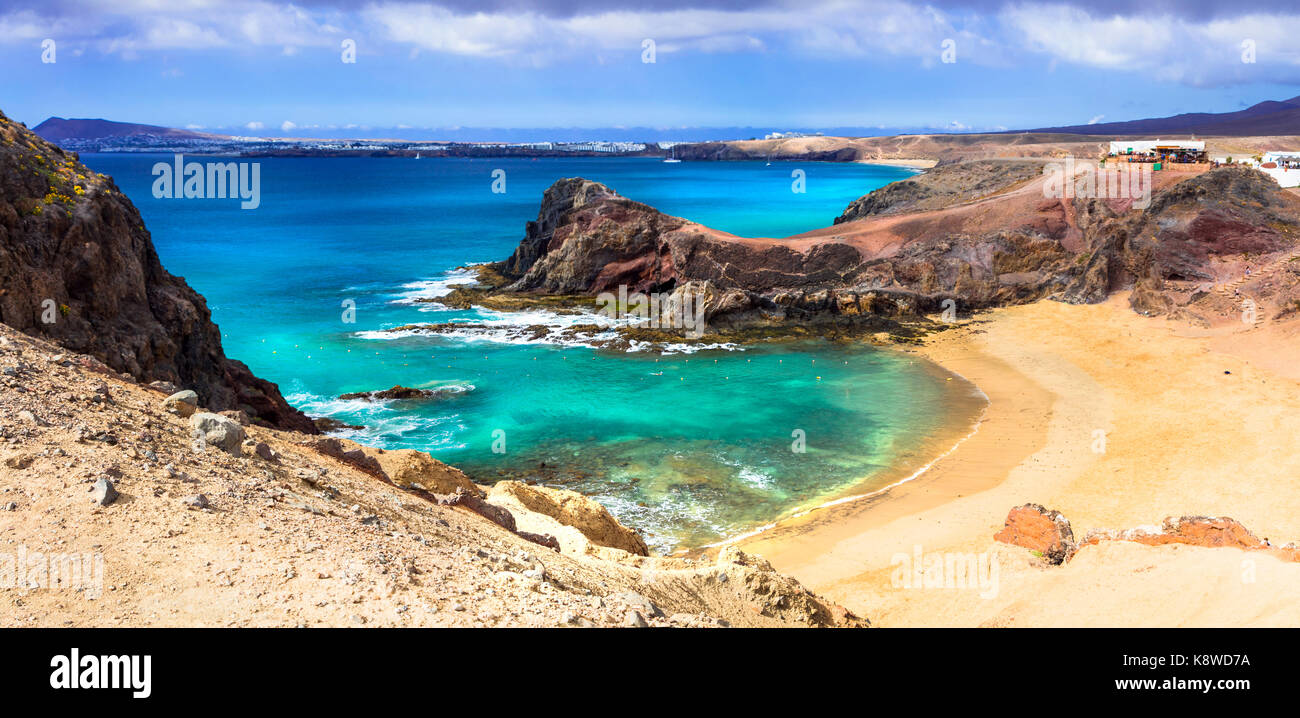 Panoramablick von Papagayo Strand, Insel Lanzarote, Kanarische Inseln, Spanien. Stockfoto