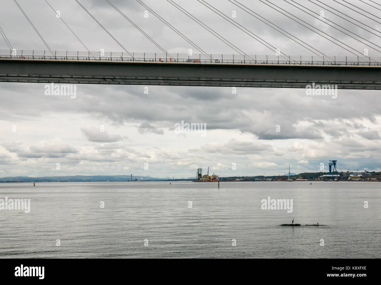 Queensferry Kreuzung mit Heron auf einem Felsen und Rosyth dockyard im Hintergrund, Erhabene, Schottland, Großbritannien Stockfoto