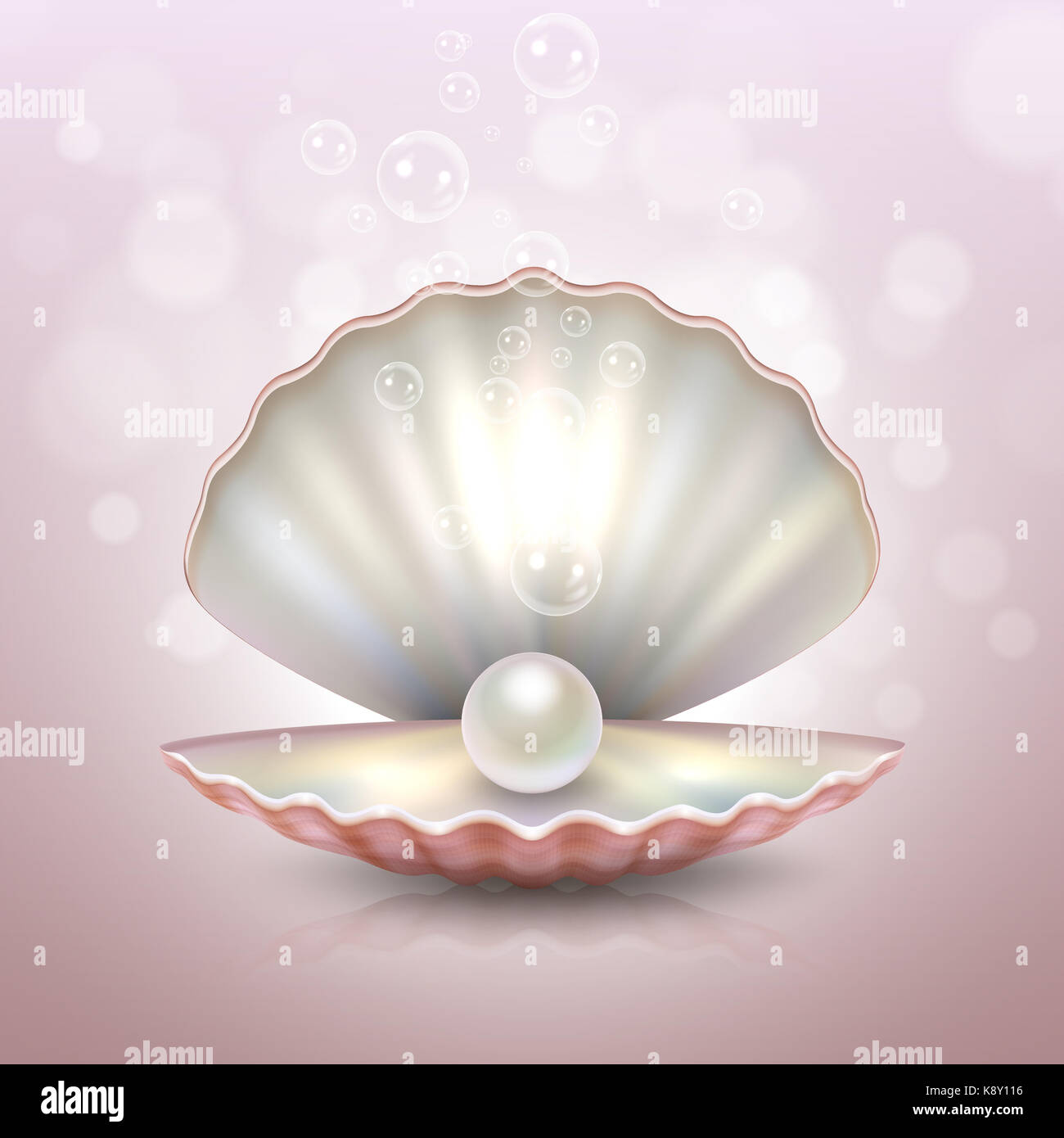 Realistische schönen natürlichen Open Sea Pearl Shell mit Reflexion closeup auf einem rosa Hintergrund verschwimmen mit Lichteffekten und Luftblasen im Wasser. Design templa Stockfoto