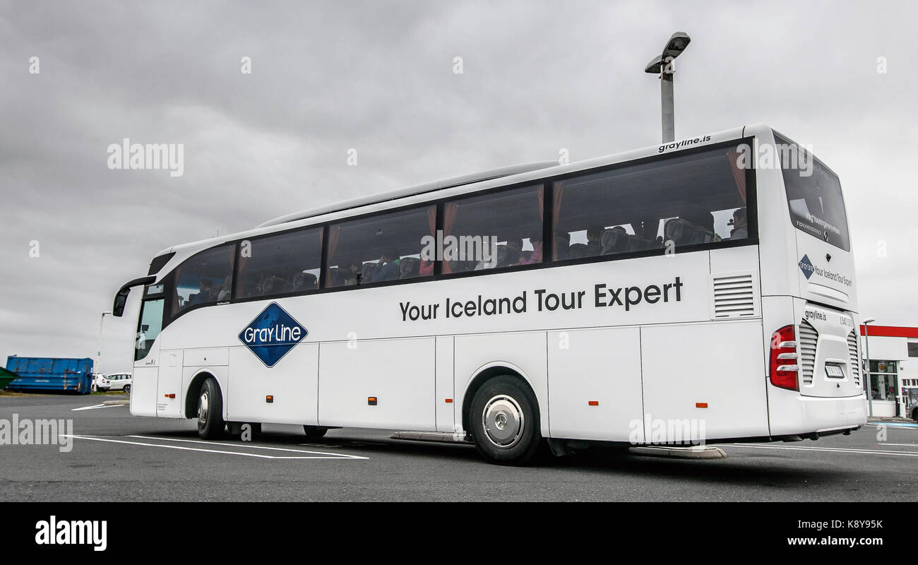 Gray Line Bus mit einige Touristen an Bord ist am Parkplatz der Tankstelle angehalten. Stockfoto