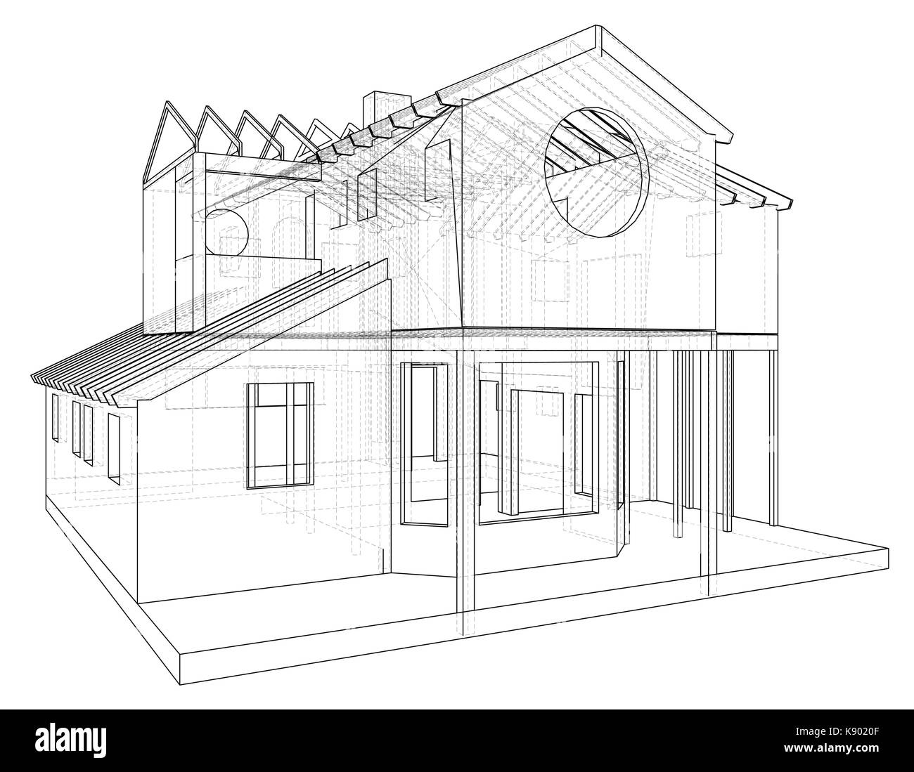 Haus Struktur Architektur. Abstrakte Zeichnung. Tracing Abbildung: 3d Stock Vektor