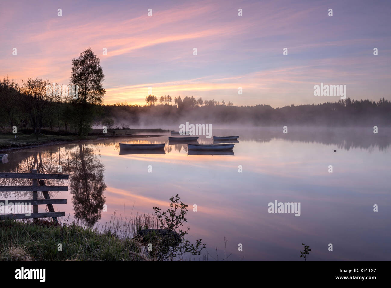 Misty daybreak über Loch Rusky, Aberfoyle, die Trossachs, Schottland, 17. Mai 2016 Stockfoto