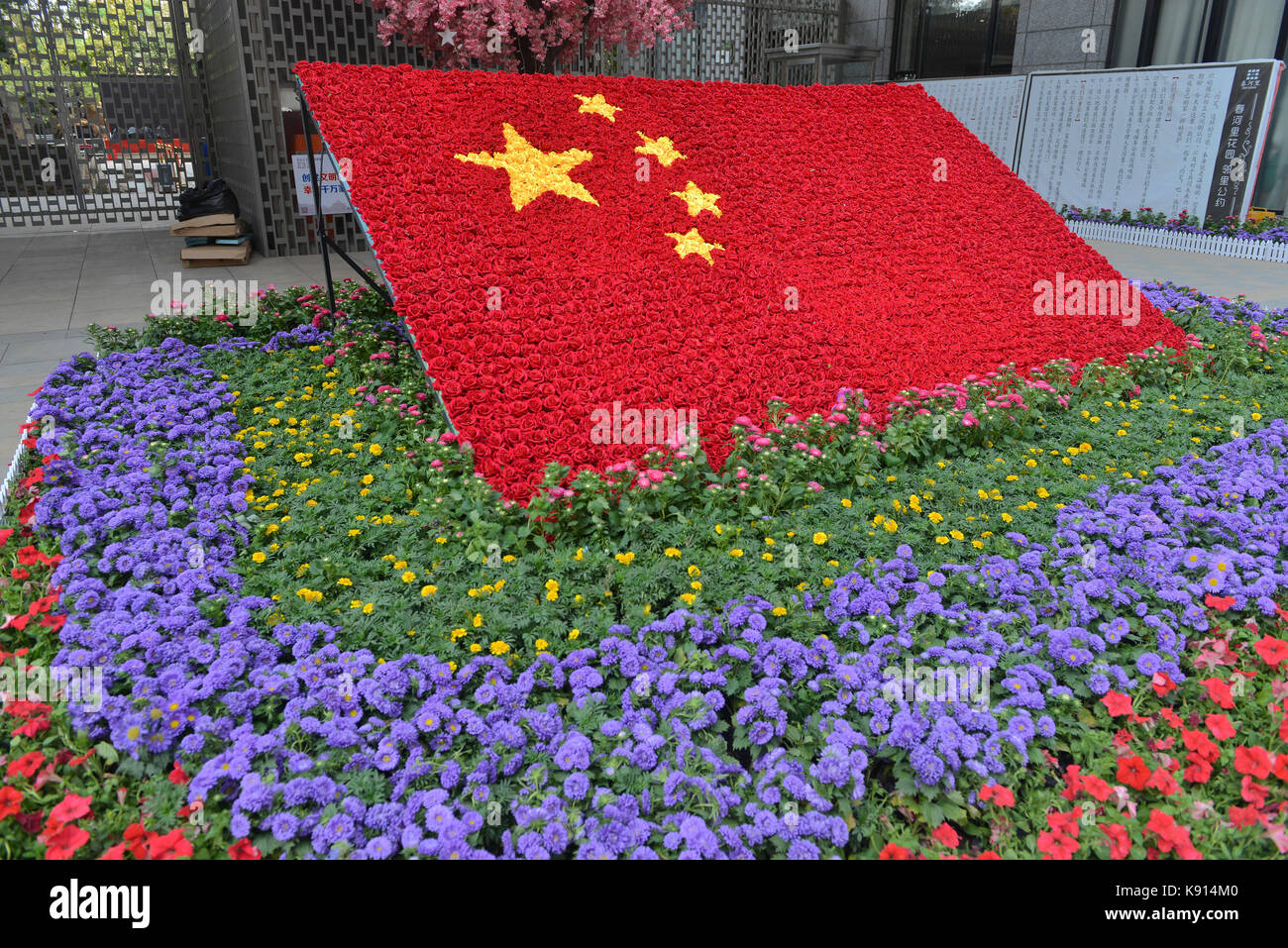 Shenyan, Shenyan, China. 16 Sep, 2017. Shenyang, China, 16. September 2017: (redaktionelle Verwendung. CHINA). Die nationale Flagge von China Tausende von Rosen können auf der Straße in Shenyang, Provinz Liaoning im Nordosten Chinas. Credit: SIPA Asien/ZUMA Draht/Alamy leben Nachrichten Stockfoto