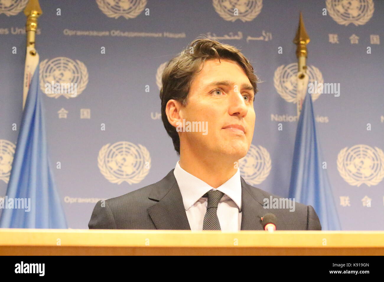Uno, New York, USA. 21. September 2017. Justin Trudeau von Kanada nahm vordefinierten Fragen an UN. Foto: Matthew Russell Lee/Innere Stadt drücken Sie Stockfoto