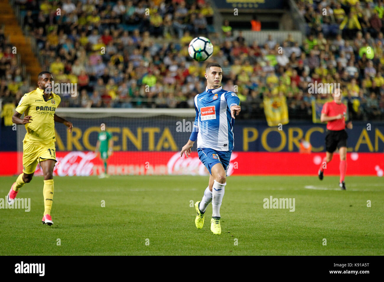 Hermoso der RCD Espanyol während der Santander Liga Match in Ceramica Stadion (Madrigal) zwischen Villarreal CF und RCD Espanyol spielte. Villarreal, Castellon, Comunitat Valenciana, Spanien. Sep 21 2017. Stockfoto