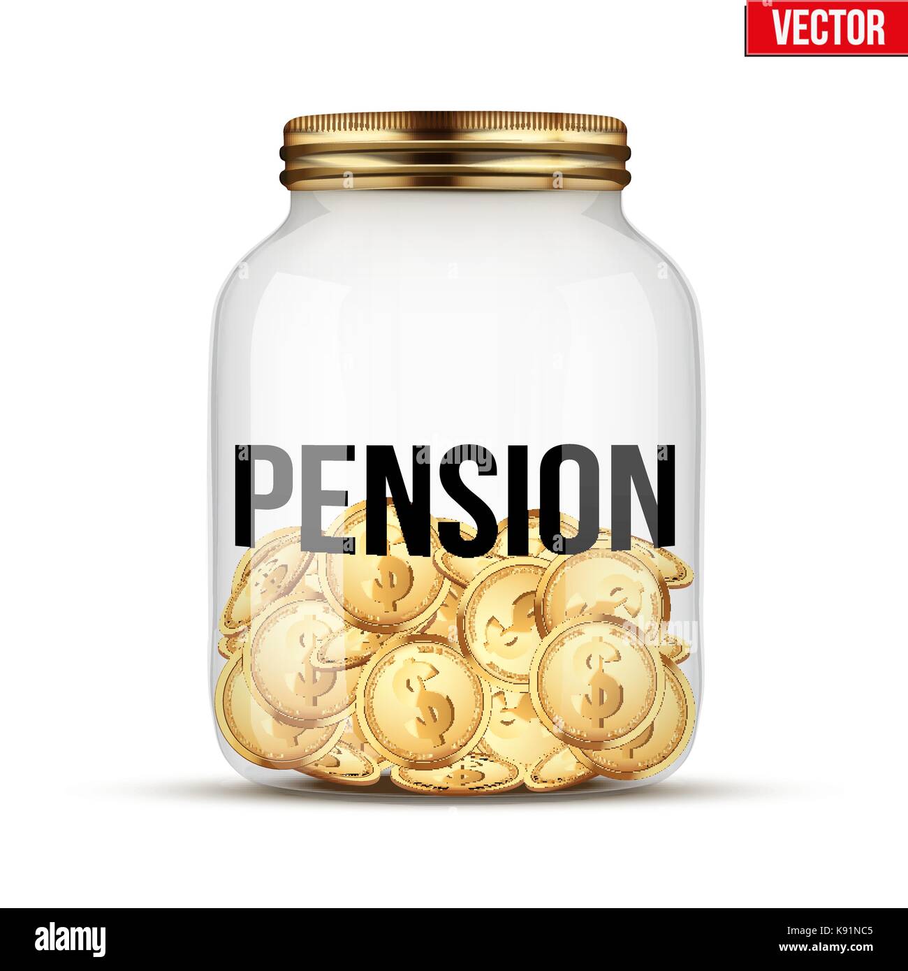 Geld sparen Münze in Glas mit Pension label Stock Vektor