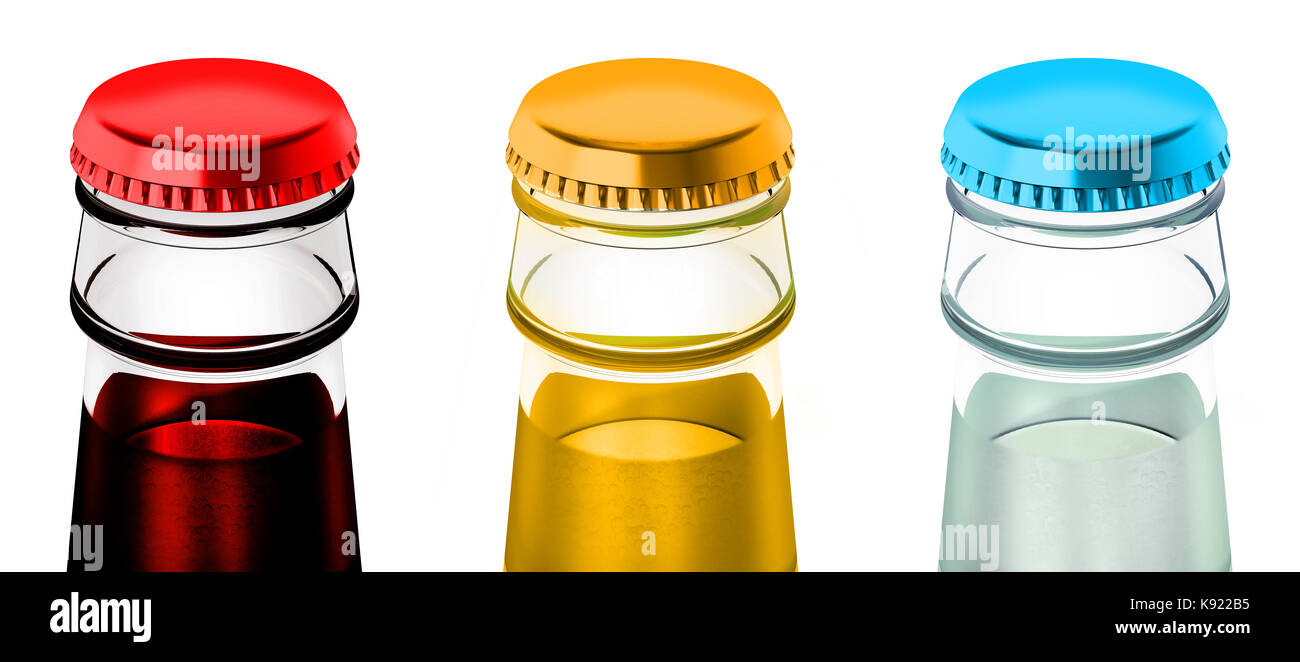 Soda Flaschen mit Metallkappen. 3D-Darstellung. Stockfoto