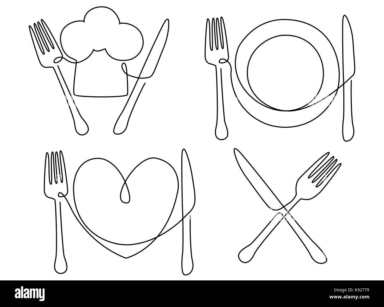 Besteck und Teller eine Linie zeichnen Stock-Vektorgrafik - Alamy